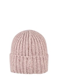 Soft pink ribbed knit beanie with a folded cuff, designed for warmth and comfort.