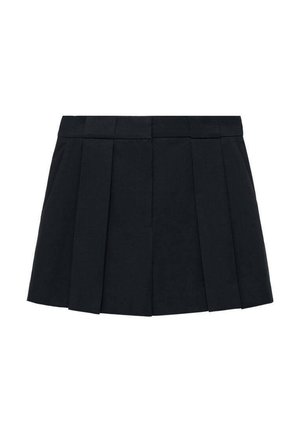 Czarna plisowana mini spódniczka z dopasowanym paskiem w talii, równomiernie rozmieszczonymi przednimi plisami i prostym dołem.