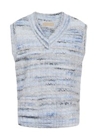 Ujjatlan kötött pulóver mellény V-nyakkal világoskék, szürke és fekete márványos mintázatban, bordázott aljjal és nyakkivágással.