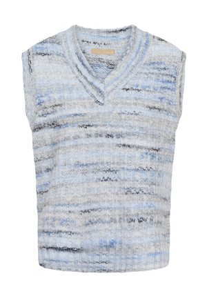 Bezrukávový pletený sveter s V- výstrihom v svetlomodrej, sivej a čiernej mramorovanej vzore, s rebrovaným lemom a výstrihom.