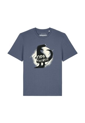 Blauw t-shirt met korte mouwen met zwarte dinosaurusafbeelding en witte tekst "OPASAURUS" middenvoor.