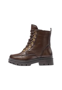 Bottines en cuir marron avec un design à lacets, des accessoires en ton doré, et une semelle épaisse en caoutchouc avec des profondeurs pour une meilleure traction.