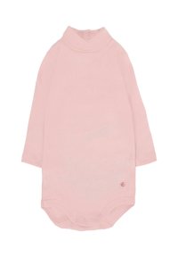 Jasnoróżowy body z długim rękawem, wysokim kołnierzem, zapięciem na napy na dole oraz małym logo blisko dołu. Wykonane z miękkiej bawełnianej tkaniny.