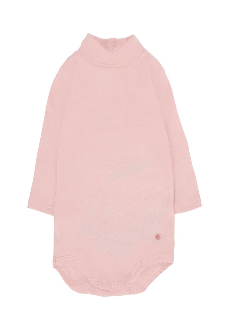 Jasnoróżowy body z długim rękawem, wysokim kołnierzem, zapięciem na napy na dole oraz małym logo blisko dołu. Wykonane z miękkiej bawełnianej tkaniny.