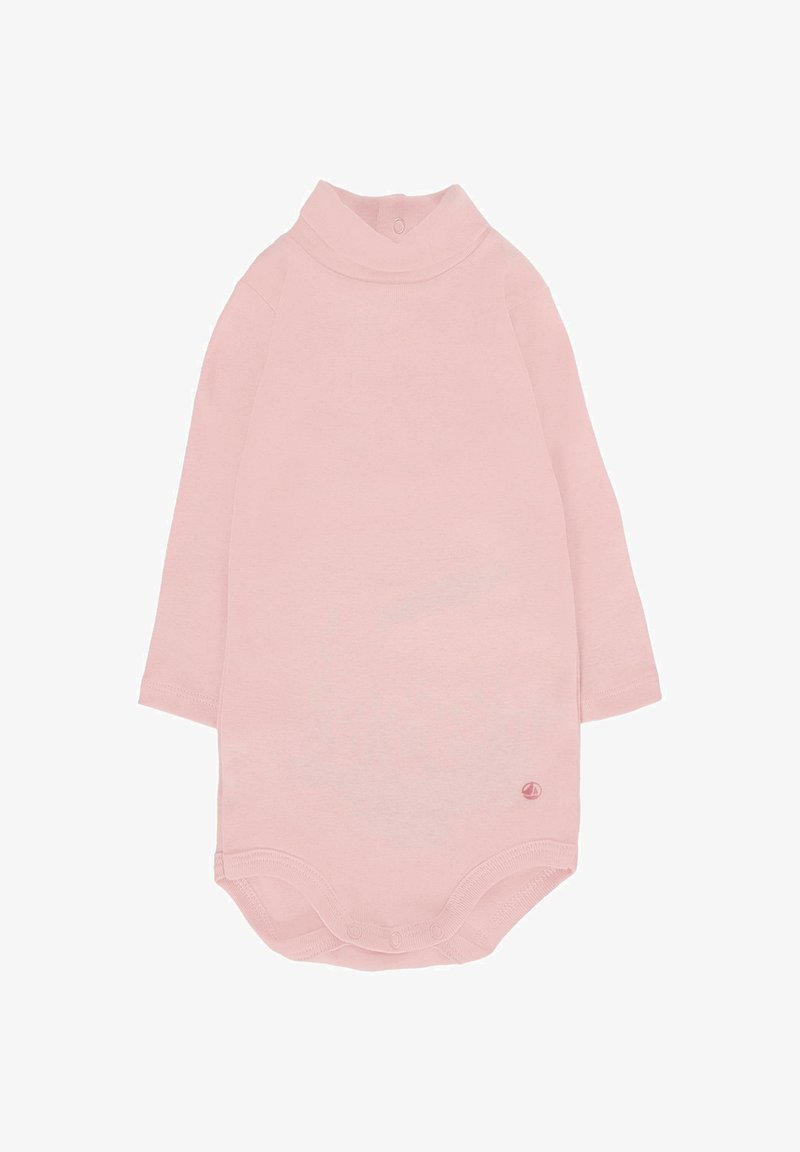 Jasnoróżowy body z długim rękawem, wysokim kołnierzem, zapięciem na napy na dole oraz małym logo blisko dołu. Wykonane z miękkiej bawełnianej tkaniny.