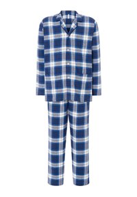 Conjunto de pijama de cuadros azules y blancos hecho de tela suave. Cuenta con una camisa de botones con un bolsillo y pantalones rectos a juego.