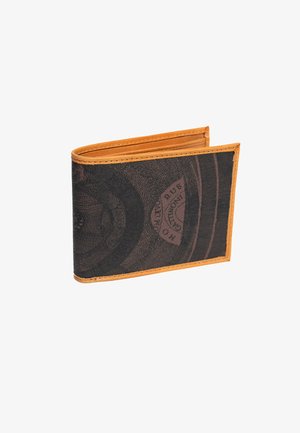 Bi-fold wallet with black patterned fabric and tan leather edges, shown partially open on white background.