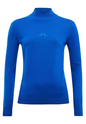 Suéter de punto azul brillante de manga larga con cuello alto simulado y logo sutil centrado en el pecho, puños y dobladillo acanalados.