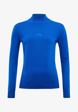 Jasnoniebieski, długi sweter dziany z półgolfem i subtelnym logo umieszczonym na środku klatki piersiowej, ściągacze na mankietach i dole.