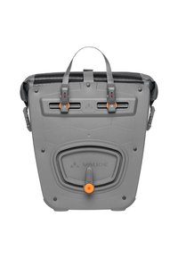 Grijze waterdichte rugzak met een gestructureerde afwerking, verstelbare bandjes, zijhardware en een centrale oranje knop. Voorzien van een roll-top sluiting.