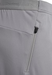 Helle graue Sportshorts aus glattem Material mit einem strukturierten Bund, einer Reißverschlusstasche und dezentem Branding.