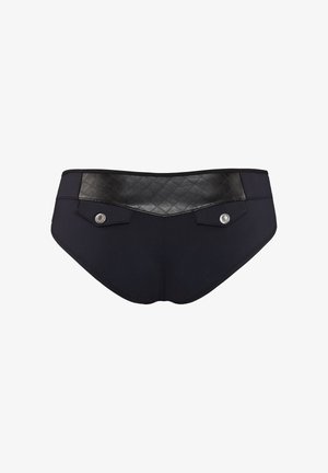 Schwarze Badehose mit einem strukturierten, kunstlederähnlichen Bund. Verziert mit dekorativen Knöpfen und einem glatten Stoffkörper mit tailliertem Design.