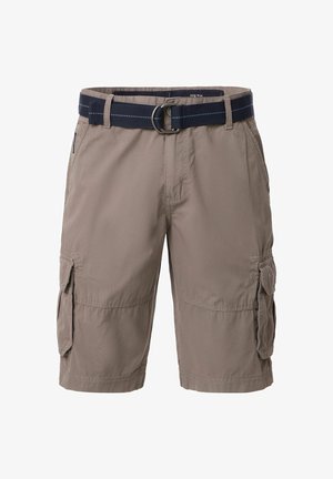 Beige Cargo-Shorts mit einem gewebten marineblauen Gürtel, ausgestattet mit seitlichen Taschen und einem lockeren Schnitt, gefertigt aus leichtem, strapazierfähigem Material.
