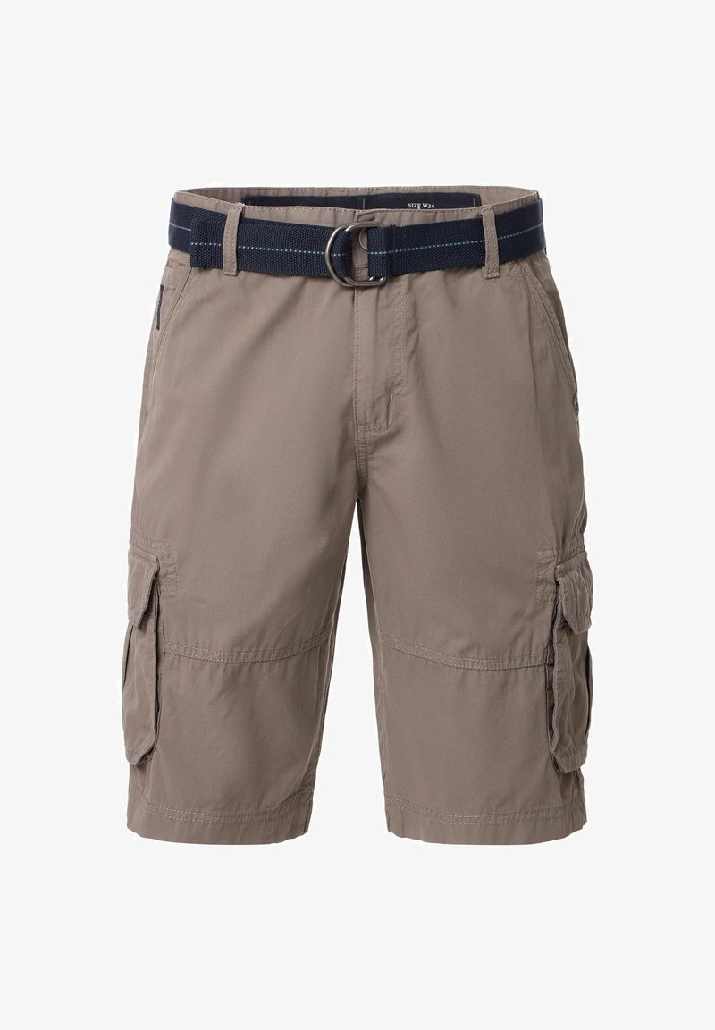 Beżowe szorty cargo z plecionym granatowym paskiem, z bocznymi kieszeniami i luźnym krojem, wykonane z lekkiego, trwałego materiału.