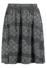 Svart och vit mönstrad kjol med geometriska mönster och vågiga texturer. Elastisk midja med en utsvängd, veckad silhuett.