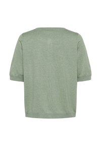Kortärmad tröja med rund halsringning i ljusgrön stickad tyg med mjuk textur. Minimalistisk design; inga synliga mönster eller hårdvarudetaljer.