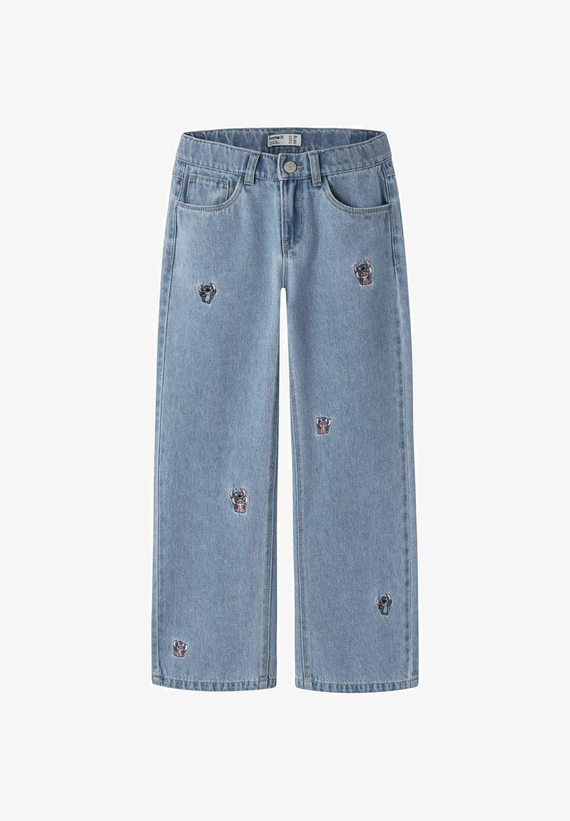 Lyseblå jeans med rette ben, små broderte tegneseriehund-puter spredt på forsetene, knappelukking og beltestropper.