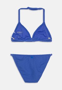 Blå bikini sett med trekantstopp og matchende bunn. Laget av teksturert stoff, med justerbare stropper og en knappdetalj på bunnen.