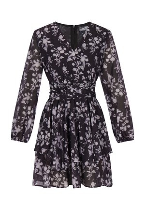 Melnas ziedu drukas kleita ar garām piedurknēm, pakāpeniski šķirta svārka dizains, pārklāšanas stils un aizmugurējais rāvējslēdzējs. Izgatavota no viegla, caurredzama auduma.