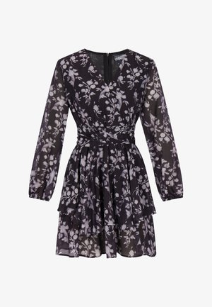 Melnas ziedu drukas kleita ar garām piedurknēm, pakāpeniski šķirta svārka dizains, pārklāšanas stils un aizmugurējais rāvējslēdzējs. Izgatavota no viegla, caurredzama auduma.