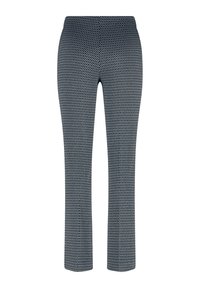 Pantaloni a fantasia bianco e nero con vita aderente, gambe leggermente svasate e tessuto liscio. Il motivo presenta forme esagonali.