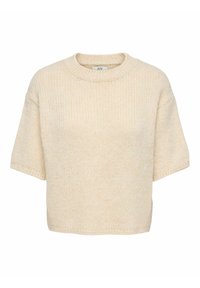 Kortærmet beige strikket sweater med rund hals, struktureret stof og let bokset form, der har en løs pasform og ribbede kanter.