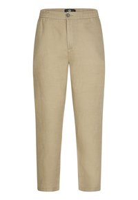 Pantalons en lin beige avec une ceinture  élastique, une fermeture à bouton à l'avant et des jambes droites. Texture lisse, design minimal sans motifs.