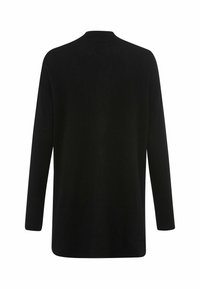Schwarzer Pullover mit langen Ärmeln, rundem Halsausschnitt, geripptem Saum und Bündchen sowie lockerer Passform. Geschmeidige Textur mit minimalistischem Design.