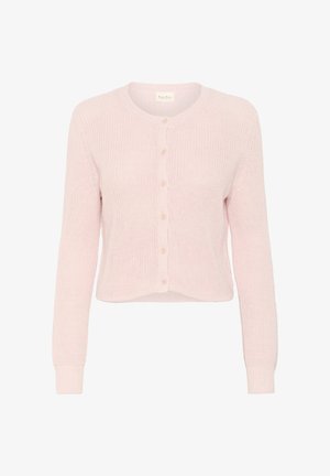 Svetlo roza pletena jopica z okroglim izrezom, dolgimi rokavi in šestimi usklajenimi gumbi spredaj. Mehak, teksturiran material.