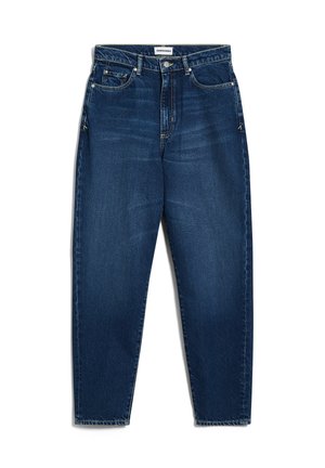 Denim jeans in dark blue with a straight-leg cut, five pockets, light fading, and brass hardware details.