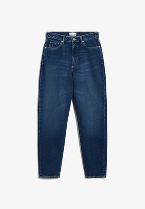 Denim jeans in dark blue with a straight-leg cut, five pockets, light fading, and brass hardware details.