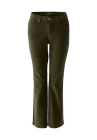 Olijfgroene corduroy cropped bootcut broek met een knoop aan de voorkant, rits, riemlussen en voor- en achterzakken.