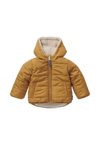 Mosterdgele pufferjack met een fleece-gevoerde capuchon, ritsluiting en voorzakken, met een doorgestikt ontwerp aan de buitenkant.