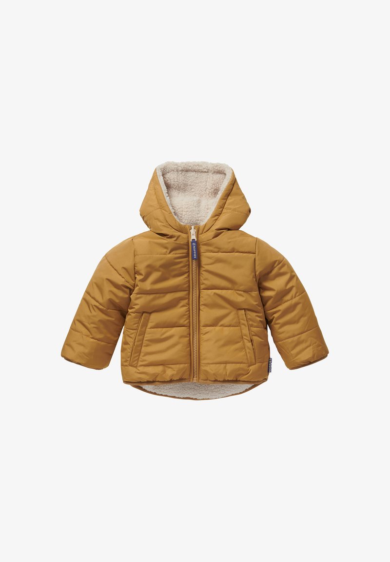 Mustard yellow puffy jacket with a fleece-lined hood, zip closure, and front pockets, featuring quilted design on the exterior.