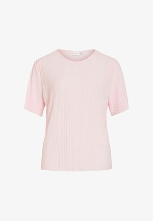 Blusa de manga corta rosa claro con cuello redondo y textura plisada vertical, confeccionada con tela ligera, vista frontal.