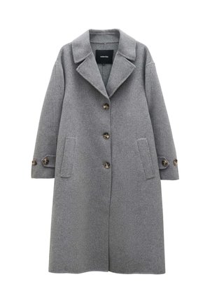 Grijze wollen jas met een gelapte kraag, vijf knopen aan de voorkant, twee zijzakken en knoopmanchetten. Gladde textuur en slim fit.