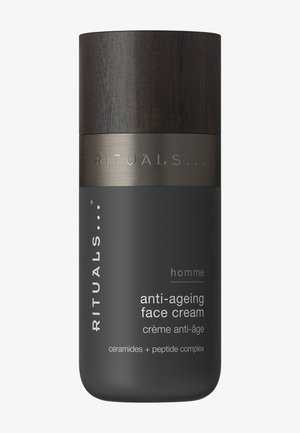 Mørkegrå og træfarvet beholder med Rituals homme anti-aging ansigtscreme med ceramider og peptidkompleks.
