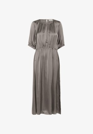 Langes, graues Satin-Kleid mit rundem Ausschnitt, kurzen Puffärmeln und elastischem Bund. Es hat eine fließende Silhouette und seitliche Schlitze.