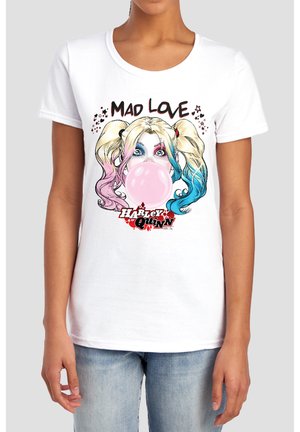 Woman wearing white T-shirt with Harley Quinn graphic blowing a pink bubble, text "Mad Love" and "Harley Quinn" below.