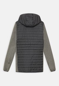 Kurtka z kapturem z pikowaną czarną częścią i szarymi teksturowanymi rękawami, z elastycznymi mankietami i luźnym krojem.