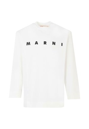 Witte lange mouw shirt van katoen, met een hoge hals en opvallende zwarte "MARNI" letters over de voorkant in hoofdletters.
