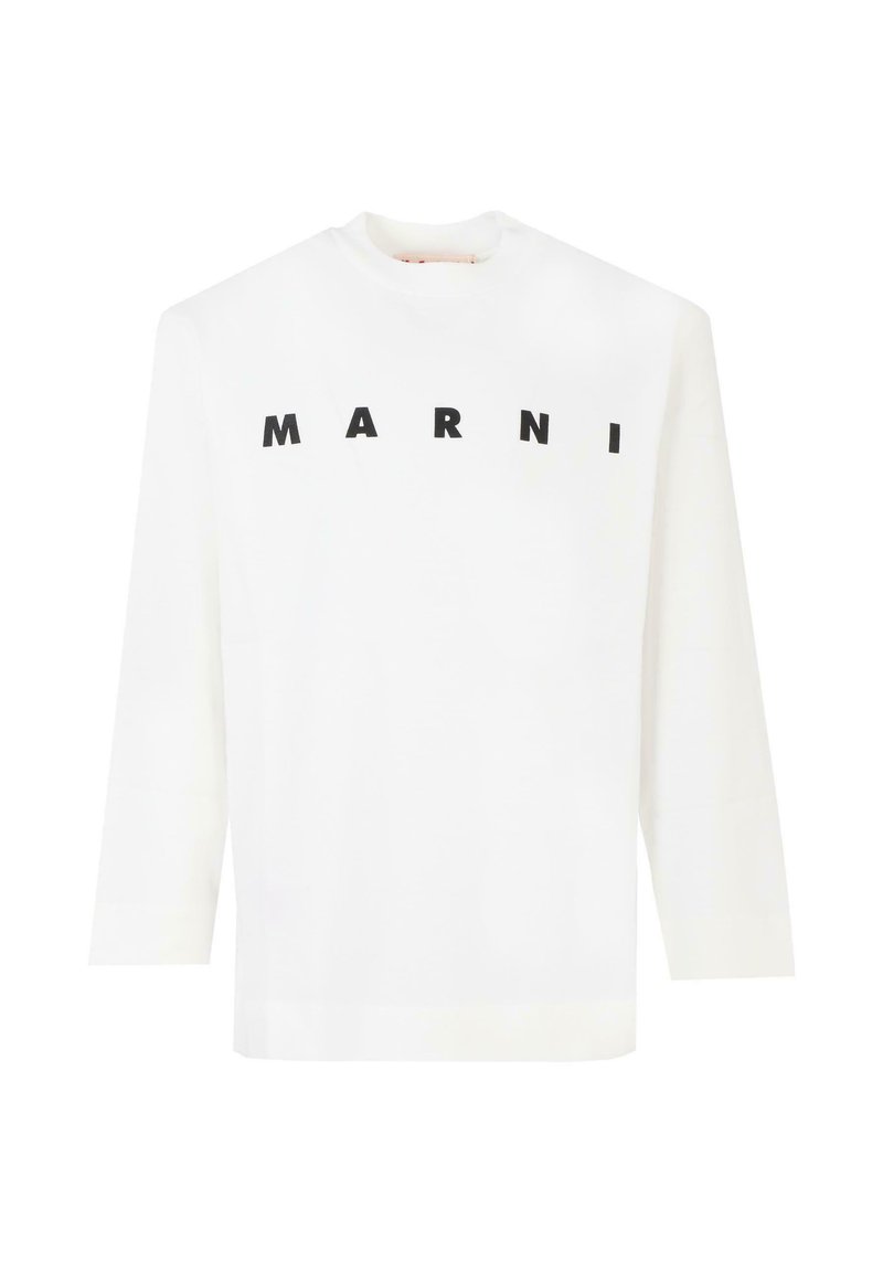 Camicia bianca a maniche lunghe in cotone, con un colletto alto e la scritta in maiuscolo "MARNI" nera audace sul davanti.