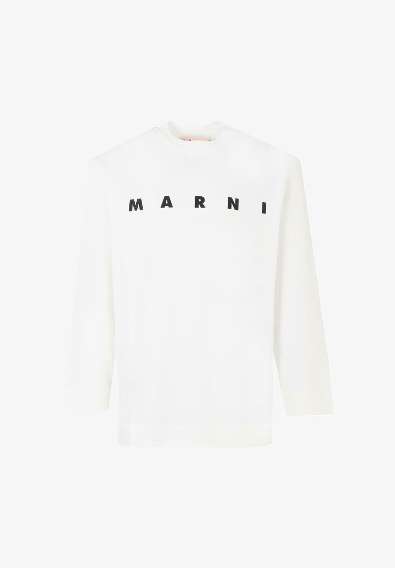 Witte lange mouw shirt van katoen, met een hoge hals en opvallende zwarte "MARNI" letters over de voorkant in hoofdletters.