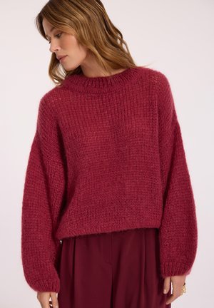 Czerwona dziana sweter z wysokim kołnierzem, luźnym krojem i długimi rękawami. Tekstura jest gruba, nadając przytulny i ciepły wygląd.