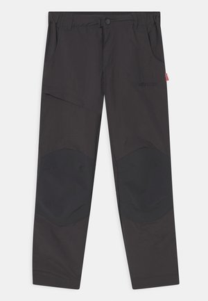 Black outdoor pants made of lightweight fabric, featuring knee patches, multiple pockets, and a button closure at the waist.