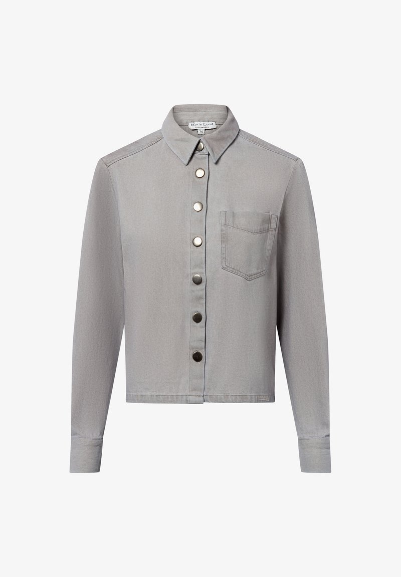 Gray denim jacket featuring a pointed collar, front buttons, single chest pocket, and long sleeves. Textured fabric with a casual design.