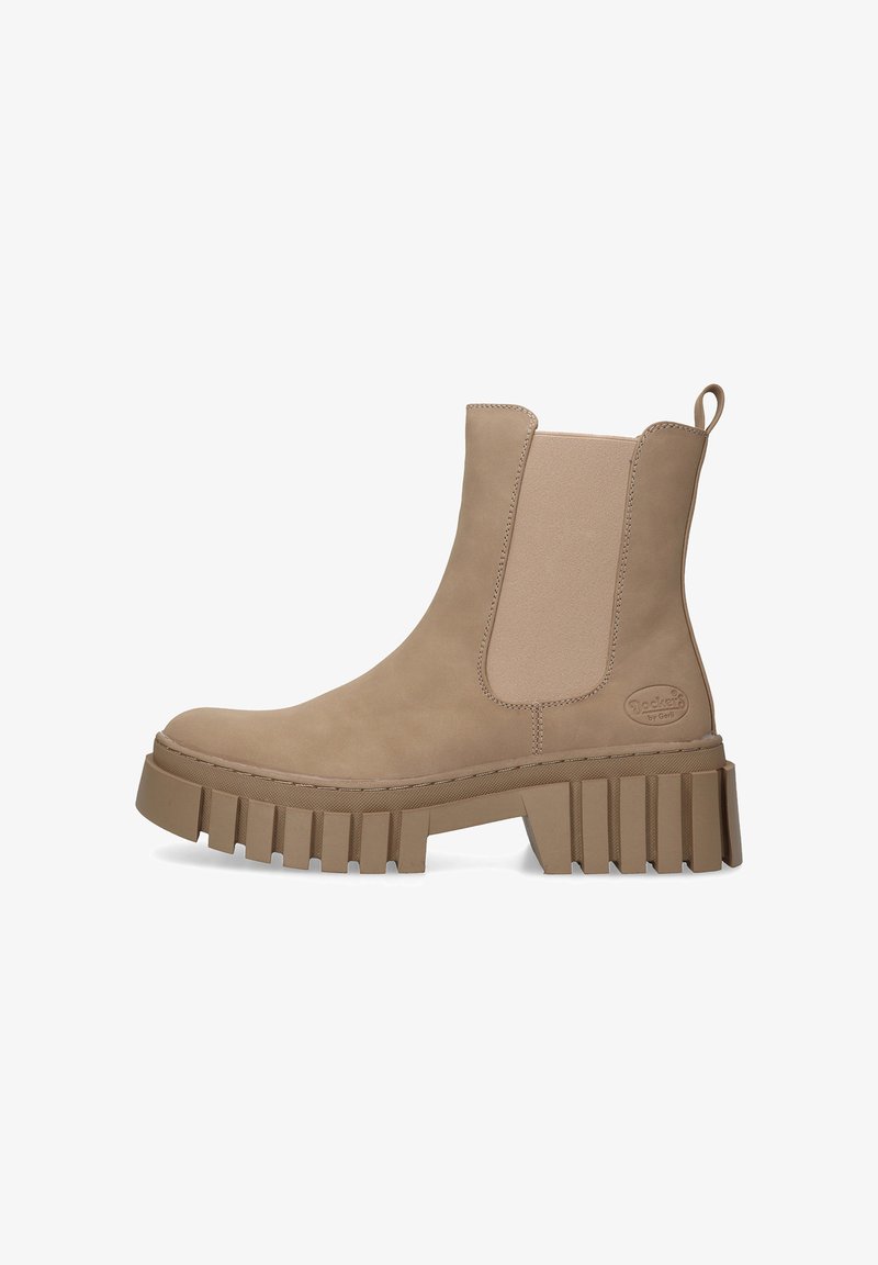 Beige Stiefeletten mit elastischen Seitenpaneelen, einer klobigen Plattformsohle mit strukturiertem Profil und einem Logo-Akzent an der Seite.