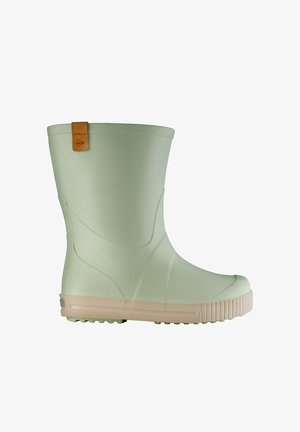 Light green rubber rain boot with beige textured sole and a small brown pull tab near the top on a white background.