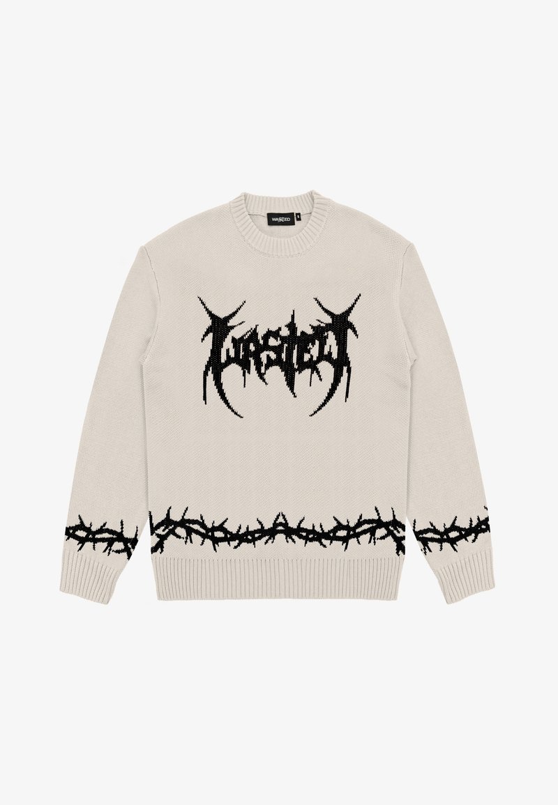 Light beige knit sweater with black abstract logo on chest and barbed wire pattern along hem and cuffs.