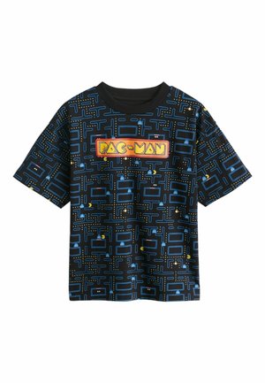 Black T-shirt featuring a colorful Pac-Man design with blue maze lines and yellow accents. Short sleeves, round neckline, casual fit.